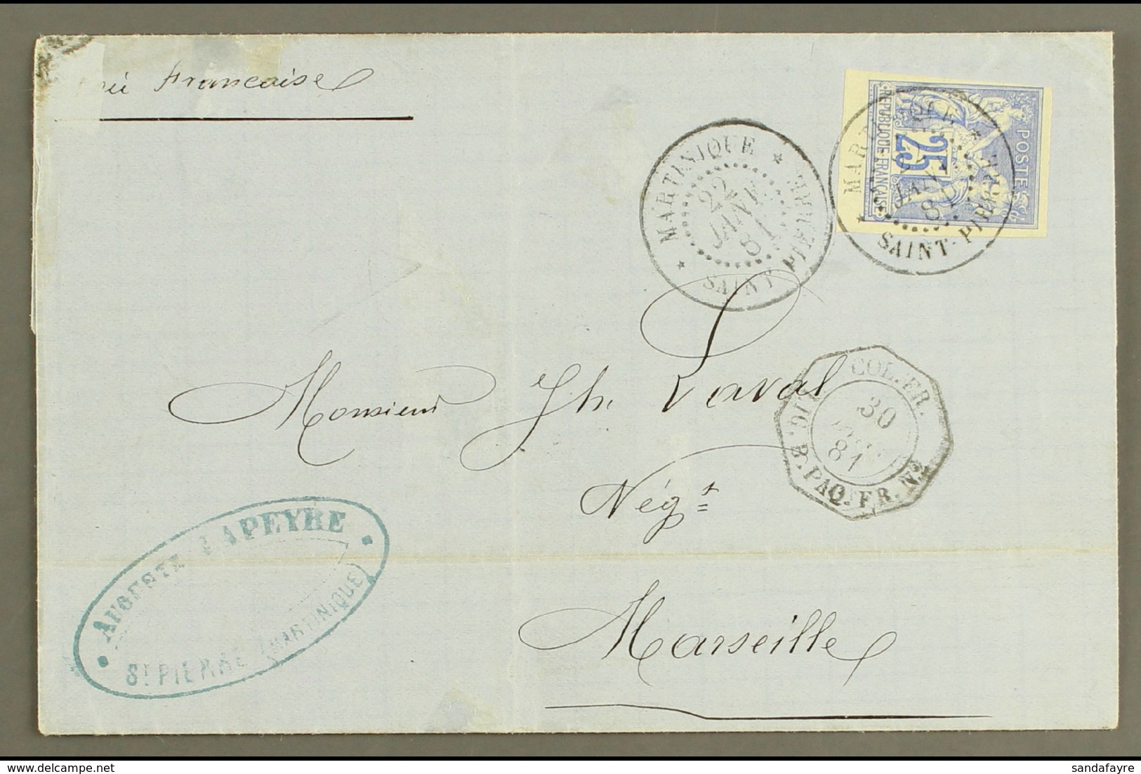 MARTINIQUE  1881 Cover To Marseille Franked Sage 25c Ultramarine Tied By Crisp Strike Of Martinique Saint Pierre Cds Wit - Andere & Zonder Classificatie