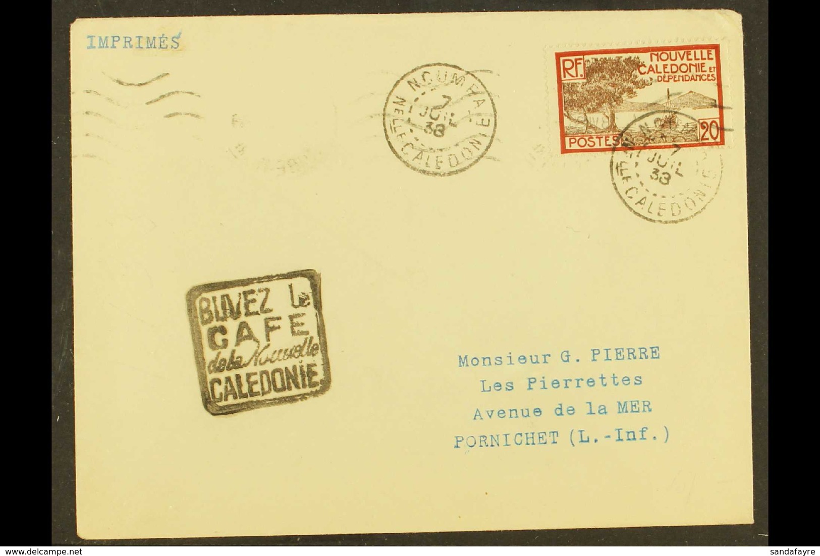 NEW CALEDONIA  1938 Envelope From New Caledonia To France Bearing 20c Stamp Tied By Noumea Cds, Alongside Fine Boxed Squ - Sonstige & Ohne Zuordnung