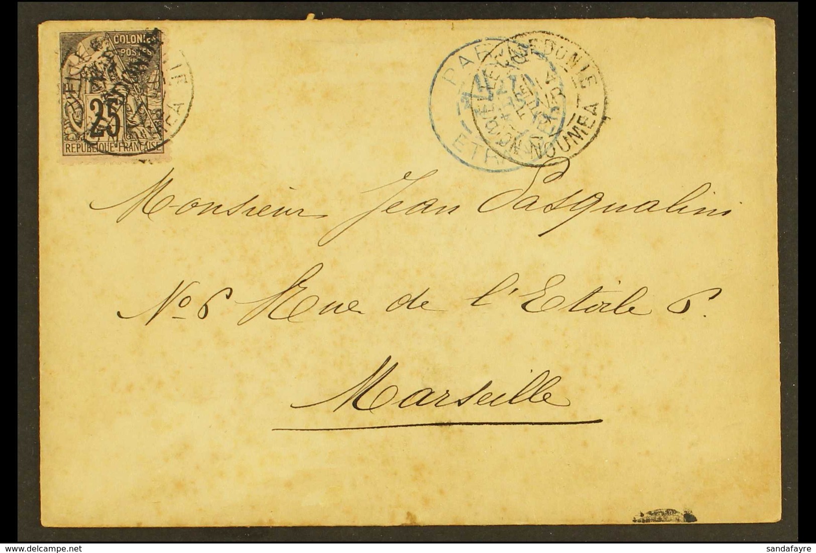 NEW CALEDONIA  1893 (14 Feb) Envelope To Marseilles Bearing 1892 Handstamped 25c Black On Rose (Yvert 29, SG 25) Tied By - Sonstige & Ohne Zuordnung