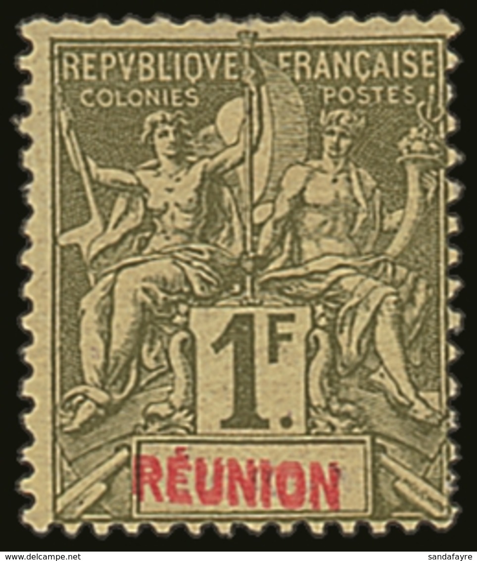 REUNION  1892 1fr Olive With "REUNION" Double Variety, Yvert 44a, Fine Mint. For More Images, Please Visit Http://www.sa - Sonstige & Ohne Zuordnung