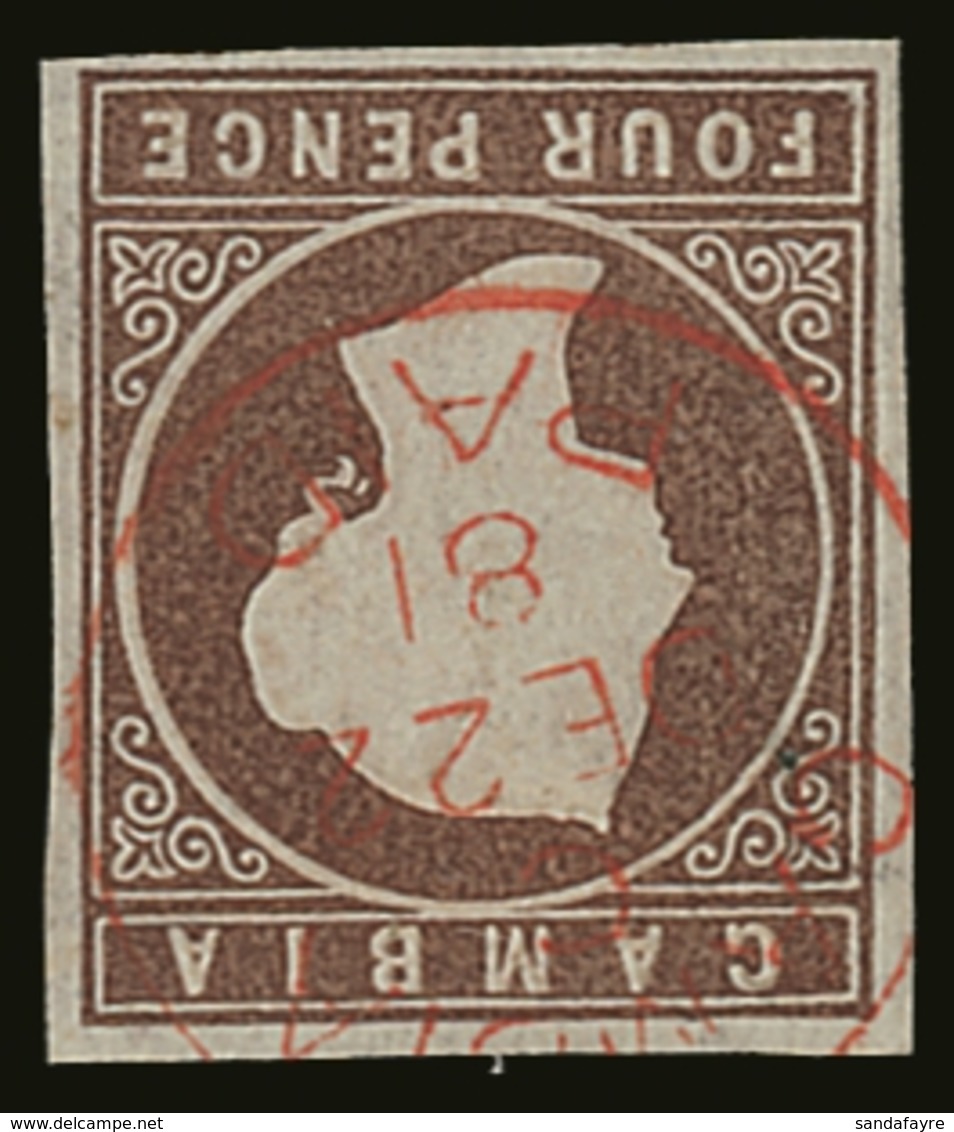 1874  4d Brown Imperf, WATERMARK INVERTED, SG 5w, Very Fine Used With 4 Margins & Crisp Red Fully- Dated Cds. A Beauty.  - Gambia (...-1964)