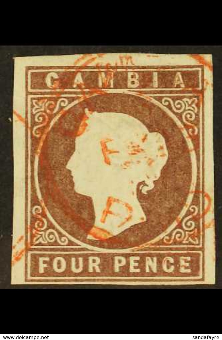 1874  4d Pale Brown (wmk Crown CC) With Double- Lined "R" Watermark (part Of "Crown Agents"), SG 6, Used With 4 Margins  - Gambia (...-1964)