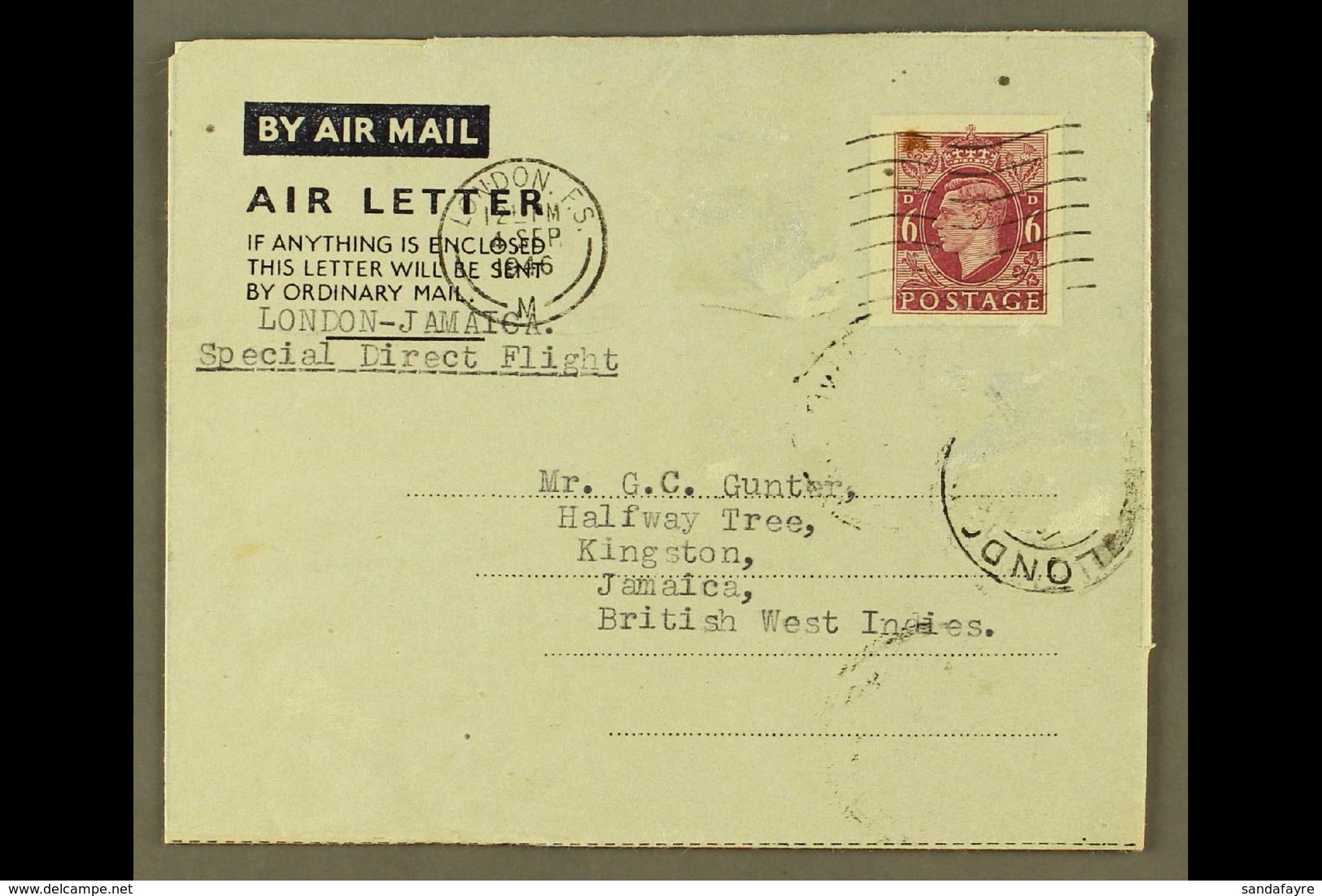 AIRCRAFT CRASH MAIL  1946 (4 SEP) 6d Postal Stationery Aerogramme Of Great Britain From London To Jamaica, Flown By B.S. - Gambia (...-1964)
