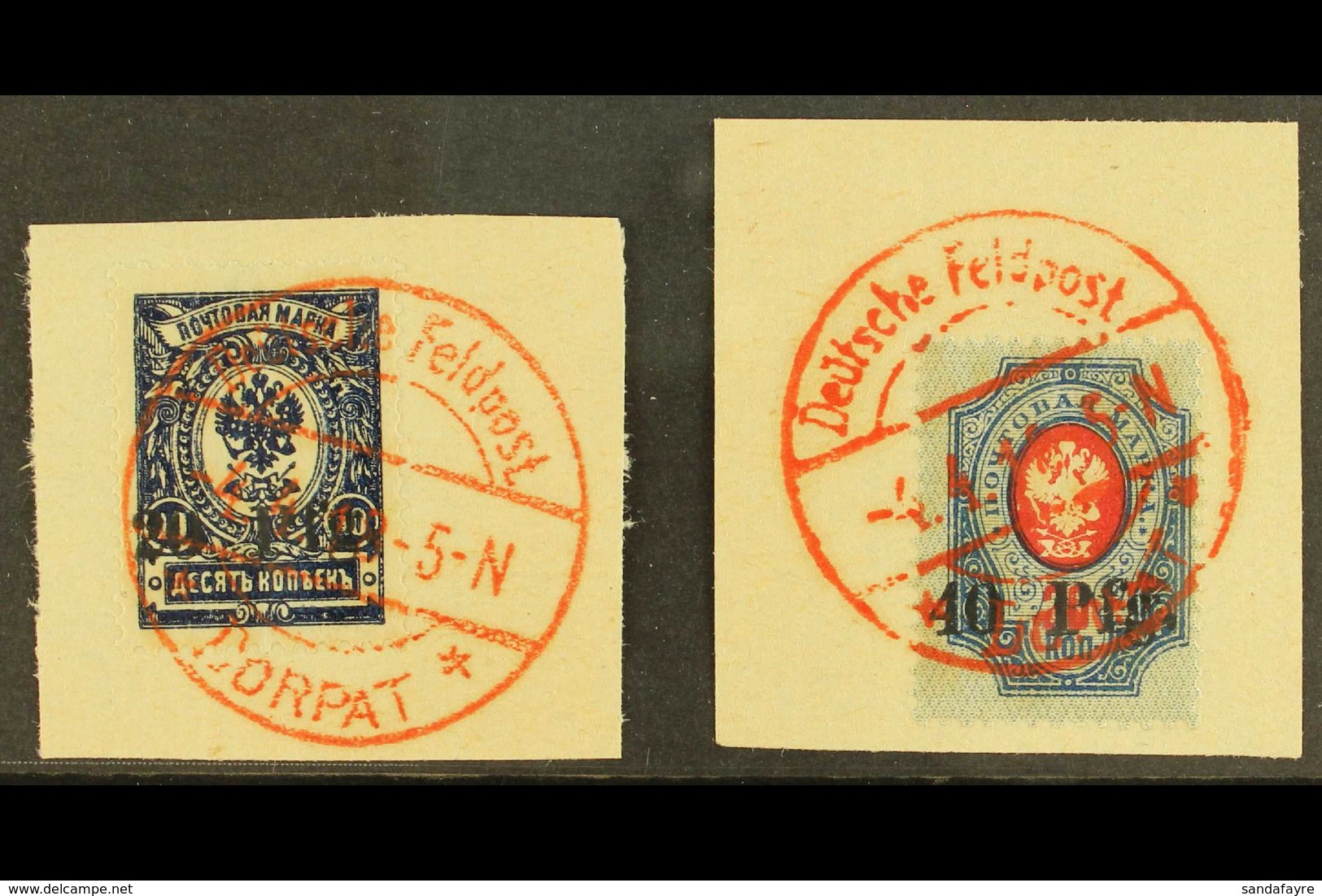 ESTONIA  Local Issue For DORPAT, 1918 20pf On 10k & 40pf On 20k, Mi 1/2, Superb Used On Pieces With Red, "Deutsche Feldp - Sonstige & Ohne Zuordnung
