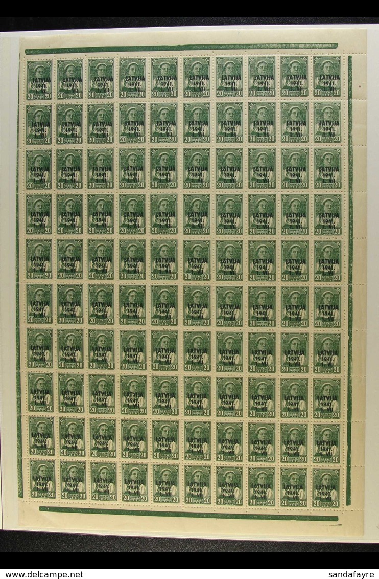 LATVIA  1941 20k Green Overprint (Michel 4, SG 4), Fine Never Hinged Mint COMPLETE SHEET Of 100 With Dot Between "1" And - Sonstige & Ohne Zuordnung