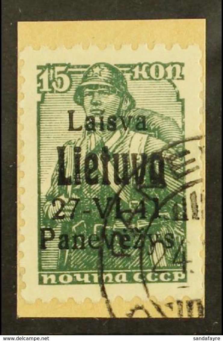LITHUANIA.  PONEWESCH 1941 15k Dark Green With Black Overprint, Michel 6b, Very Fine Used Tied To Small Piece. Signed Kl - Sonstige & Ohne Zuordnung