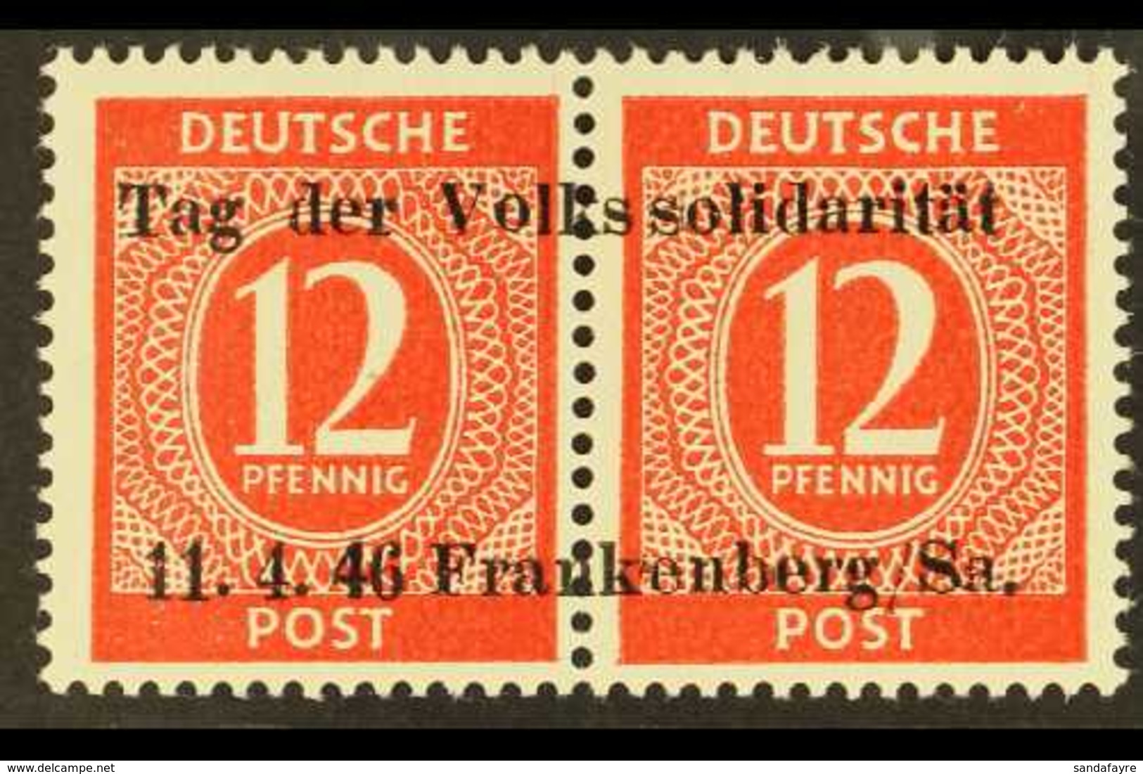 FRANKENBERG  1946 12pf+12pf Local Overprint Across Pair SPACE BETWEEN "SS" PLATE FLAW, Michel 1 F III, Never Hinged Mint - Sonstige & Ohne Zuordnung