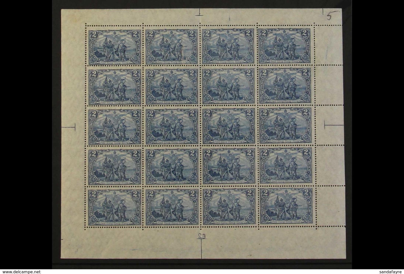 1915-19  2m Deep Blue War Printings 25x17 Perforation Holes (Michel 95 B IIa, SG 94B), Never Hinged Mint COMPLETE SHEET  - Sonstige & Ohne Zuordnung