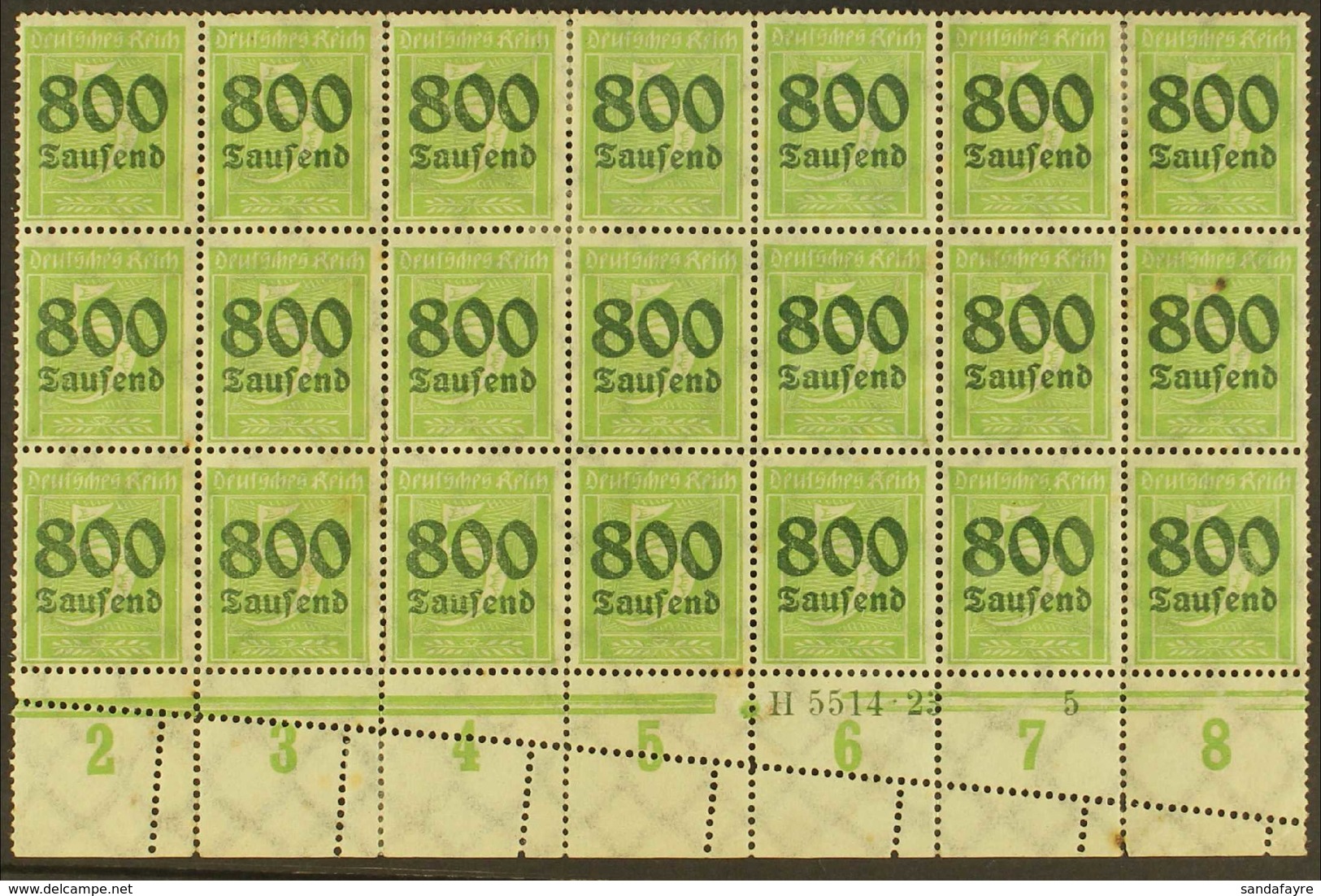1923 PERFORATION ERROR.  800tsd On 5pf Apple Green (Michel 301, SG 294), Mint Lower Marginal BLOCK Of 21 (7x3) With Han  - Andere & Zonder Classificatie
