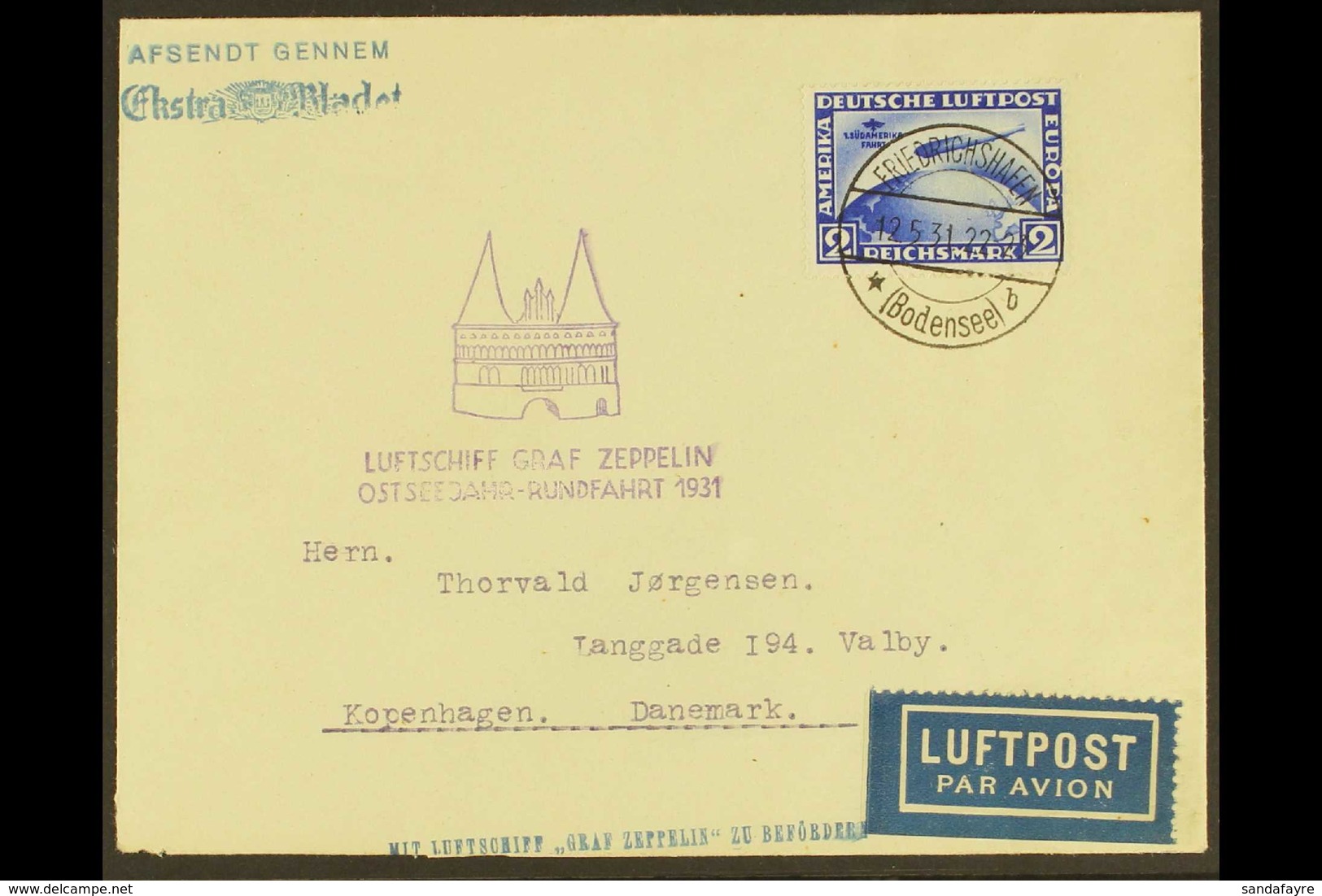 1931 BALTIC SEA ZEPPELIN FLIGHT  (12 May) Airmail Cover Addressed To Denmark, Bearing 1930 2m Bright Blue 1st South Amer - Sonstige & Ohne Zuordnung