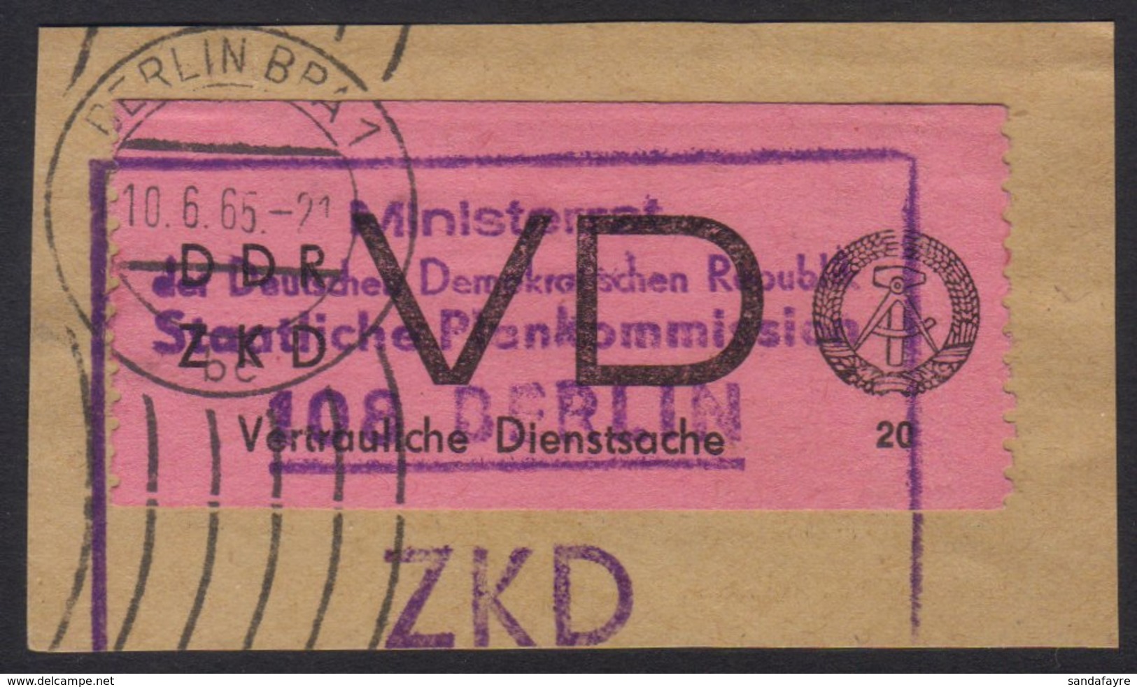 OFFICIALS  DIENSTSACHEN 1965 (Apr) 20pf Black On Rose, Michel 2, Very Fine Used On Piece Cancelled By Large Boxed Violet - Sonstige & Ohne Zuordnung