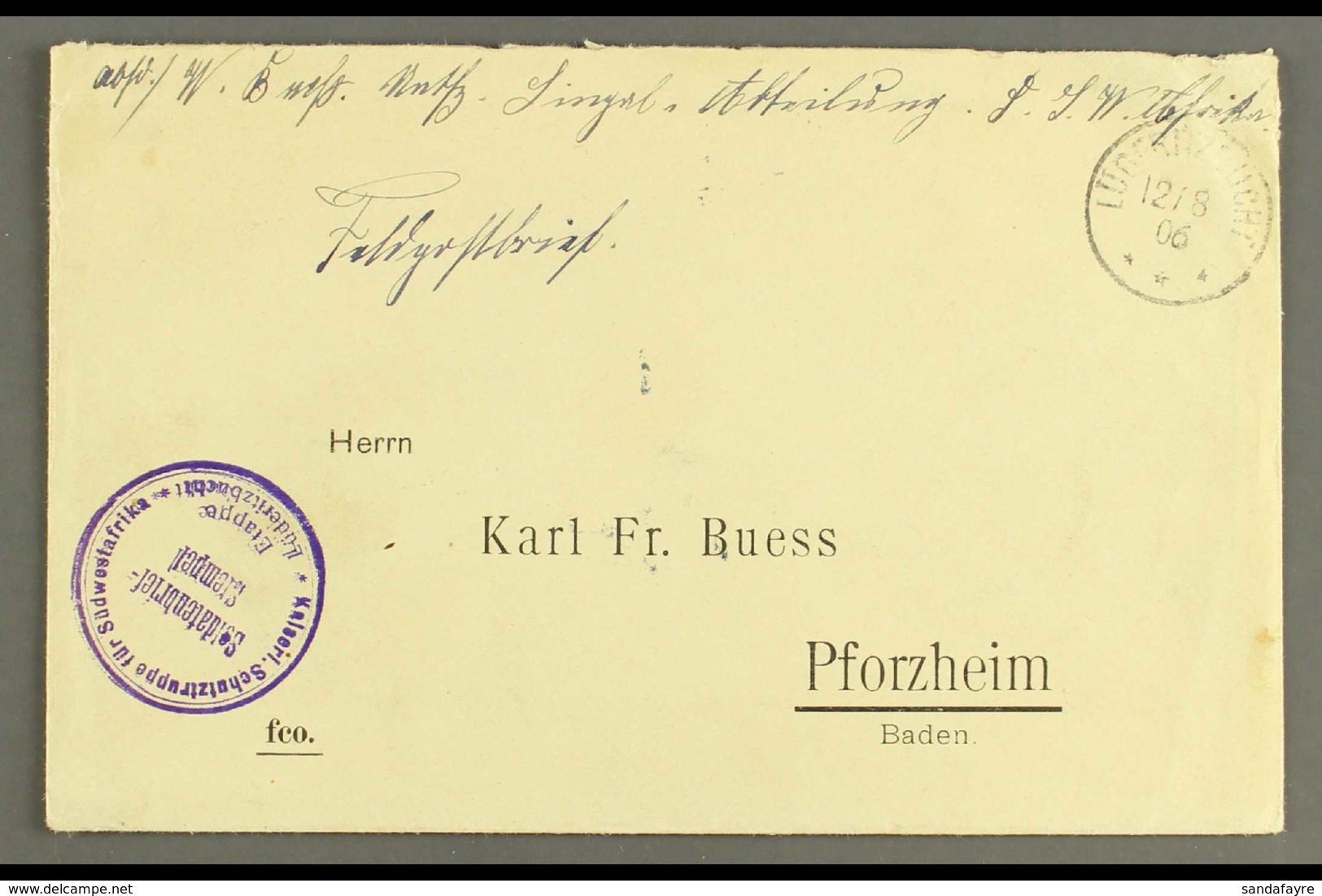 SOUTH WEST AFRICA  1906 (12 Aug) Stampless Feldpost Cover To Germany Showing A Fine "LUDERITZBUCHT" Cds Postmark, The La - Sonstige & Ohne Zuordnung