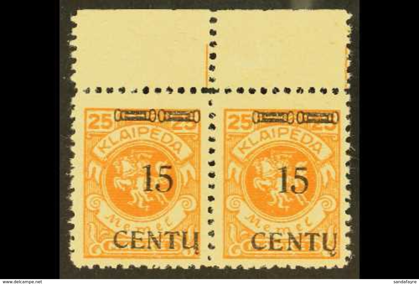 LITHUANIAN OCCUPATION  1923 15C On 25M Bright Reddish Orange, A Marginal Horizontal Pair Comprising Types B II And A II, - Sonstige & Ohne Zuordnung