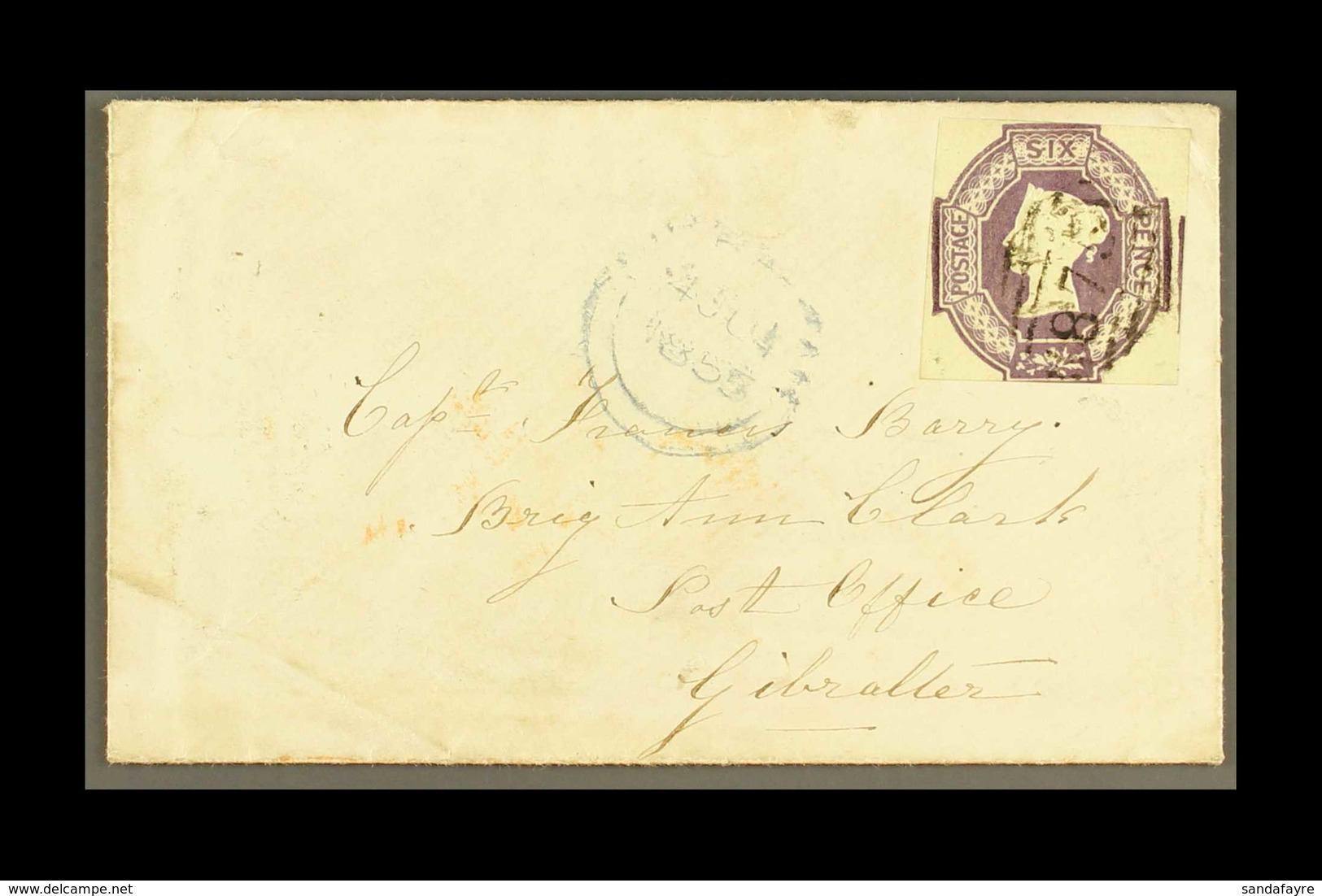 1853  (19 May) Env From Whitby To The Capt Of Brig Ann Clark At Gibraltar, Bears The GB 6d Mauve Embossed (SG 58) Cut Sq - Gibraltar