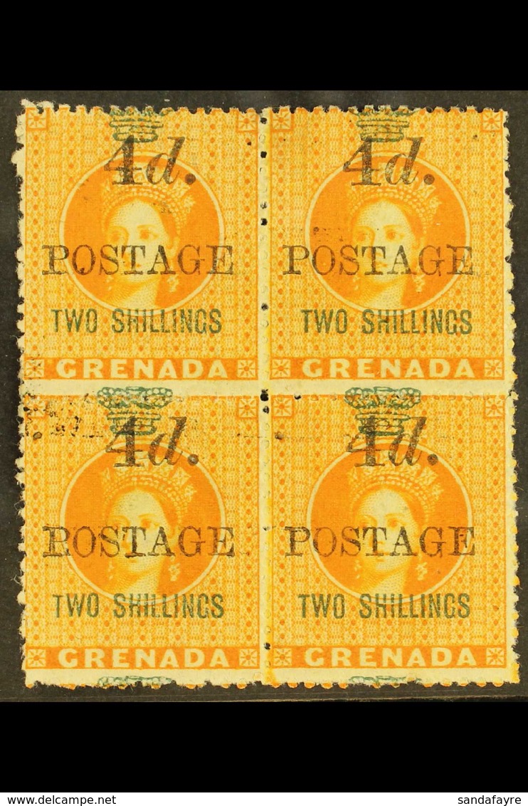1888  4d On 2s Orange, 5mm Spacing, SG 42, Superb Mint Og Block Of 4. For More Images, Please Visit Http://www.sandafayr - Grenada (...-1974)