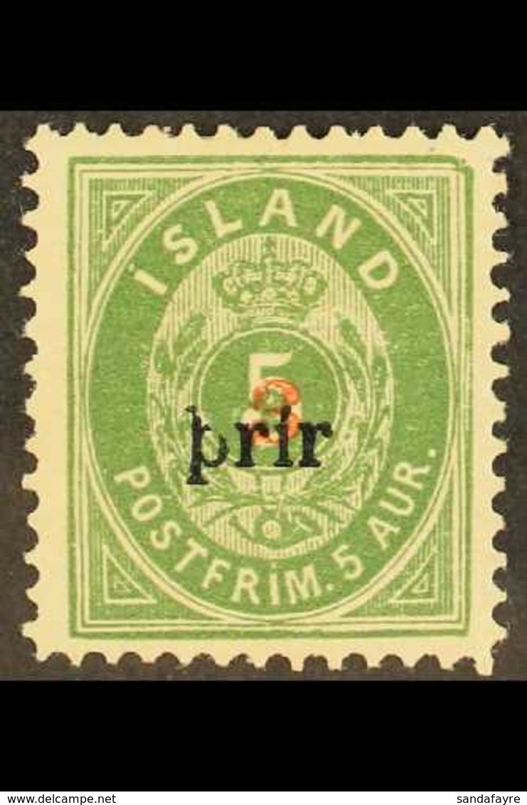 1897  3(a) On 5a Green, Perf.12¾, Type I Overprint With "prir" & "3" In Red, Mi 18BI, SG 39, Facit 35, Fine Mint. For Mo - Sonstige & Ohne Zuordnung