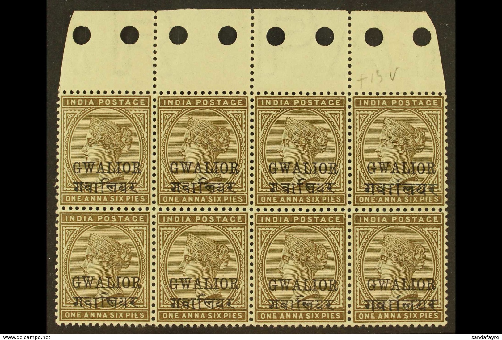 GWALIOR  1885-97 1a6p Sepia Overprint Never Hinged Mint Upper Marginal BLOCK Of 8 Containing Six Stamps With Opt 13-14mm - Sonstige & Ohne Zuordnung
