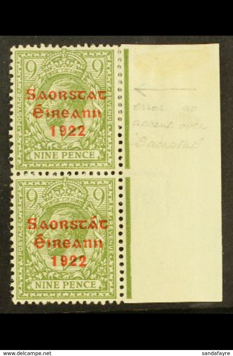 1922-23  9d Olive-green, SG 61, Fine Mint Vertical Marginal PAIR With One Stamp Showing NO ACCENT Variety (position R. 1 - Sonstige & Ohne Zuordnung