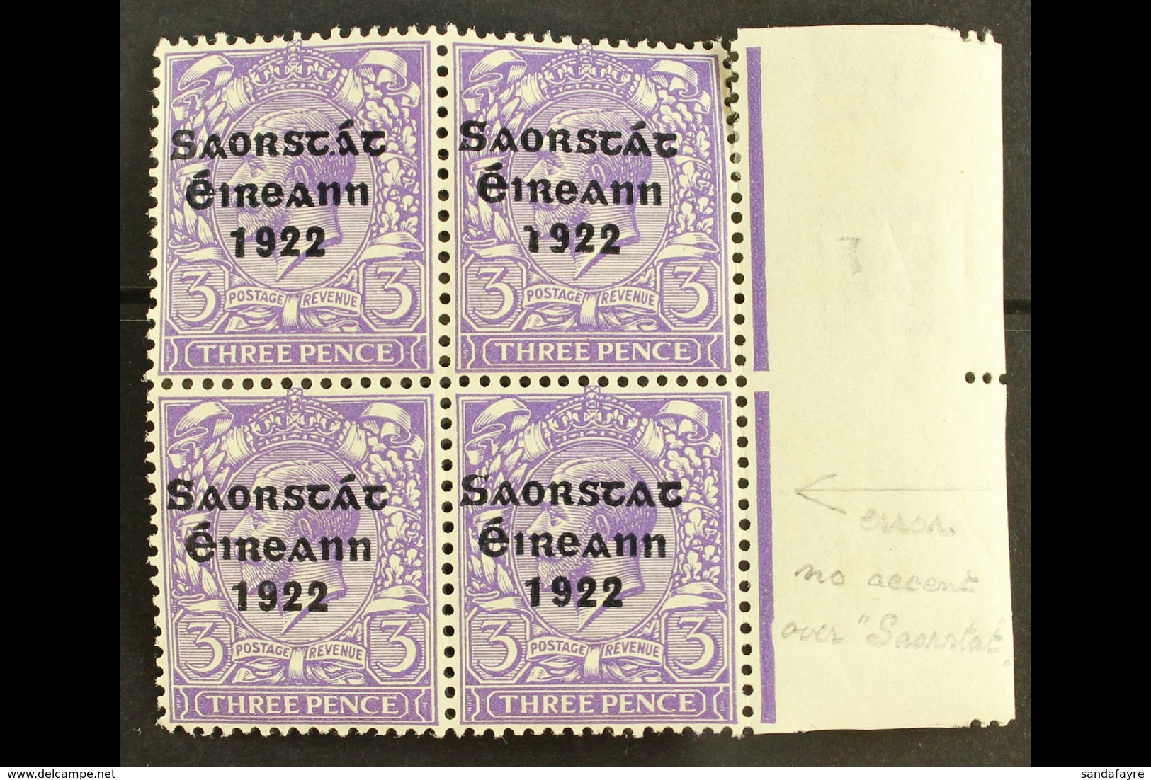 1922-23 SAORSTAT  3d Bluish Violet, Right Marginal Block Of Four, Showing NO ACCENT, SG 57a, Fresh Mint, Light Crease. F - Sonstige & Ohne Zuordnung
