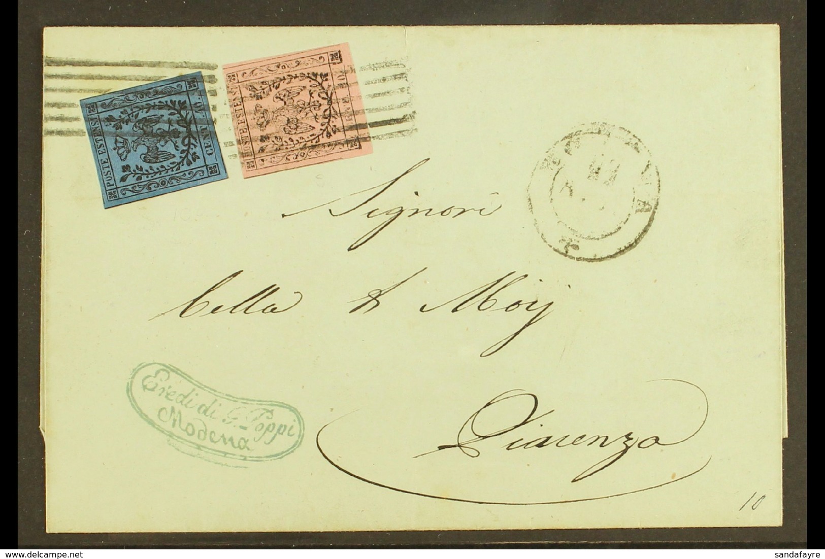 MODENA  1853 Cover To Piacenza Franked Modena 10c On Rose With Stop And 40c On Deep Blue With Stop (Sass 9 & 10) Tied By - Ohne Zuordnung