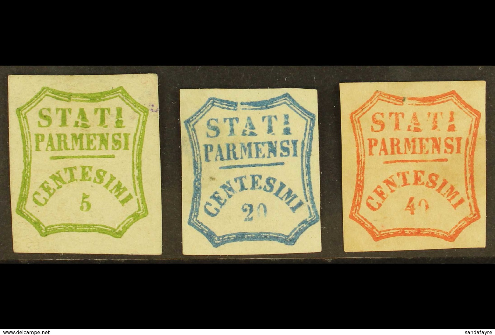 PARMA  1859 5c Yellow Green, 20c Blue And 40c  Vermilion, All Mint No Gum, Showing The Variety "line Through A T I", Sas - Ohne Zuordnung
