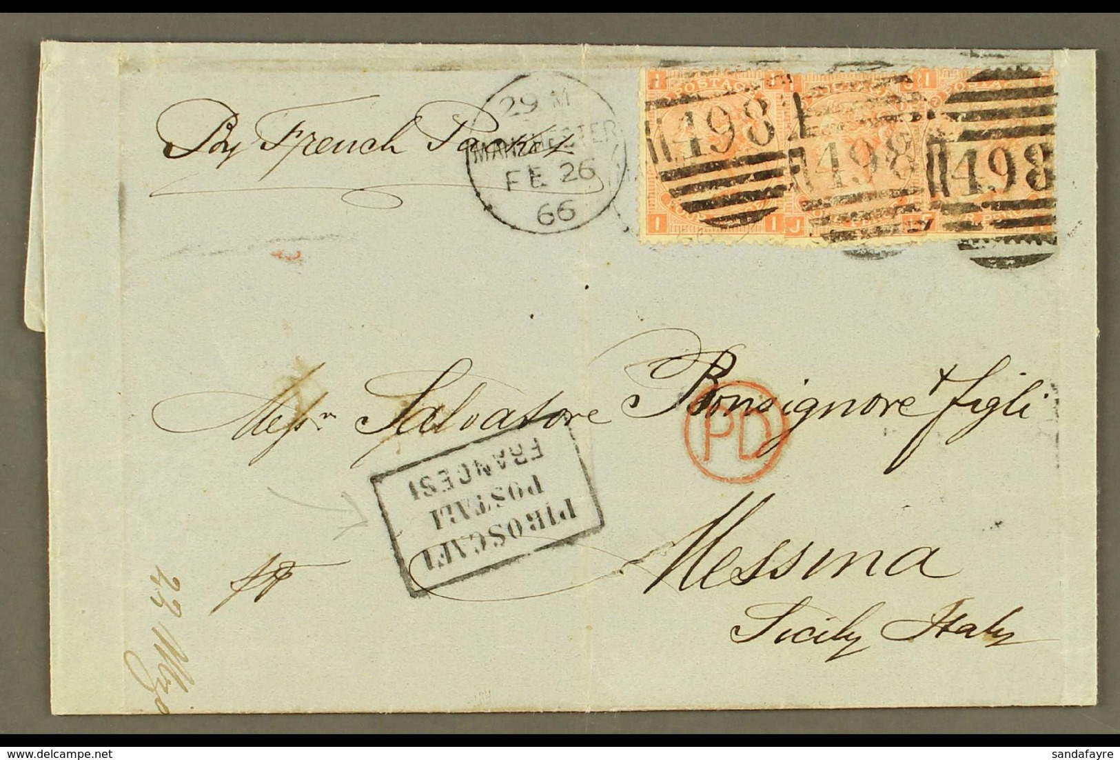 SICILY "PIROSCAFI POSTAL FRANCESI"  1866 (26 Feb) EL From England To Messina Bearing Three GB 4d Vermilions (SG 94) Tied - Ohne Zuordnung