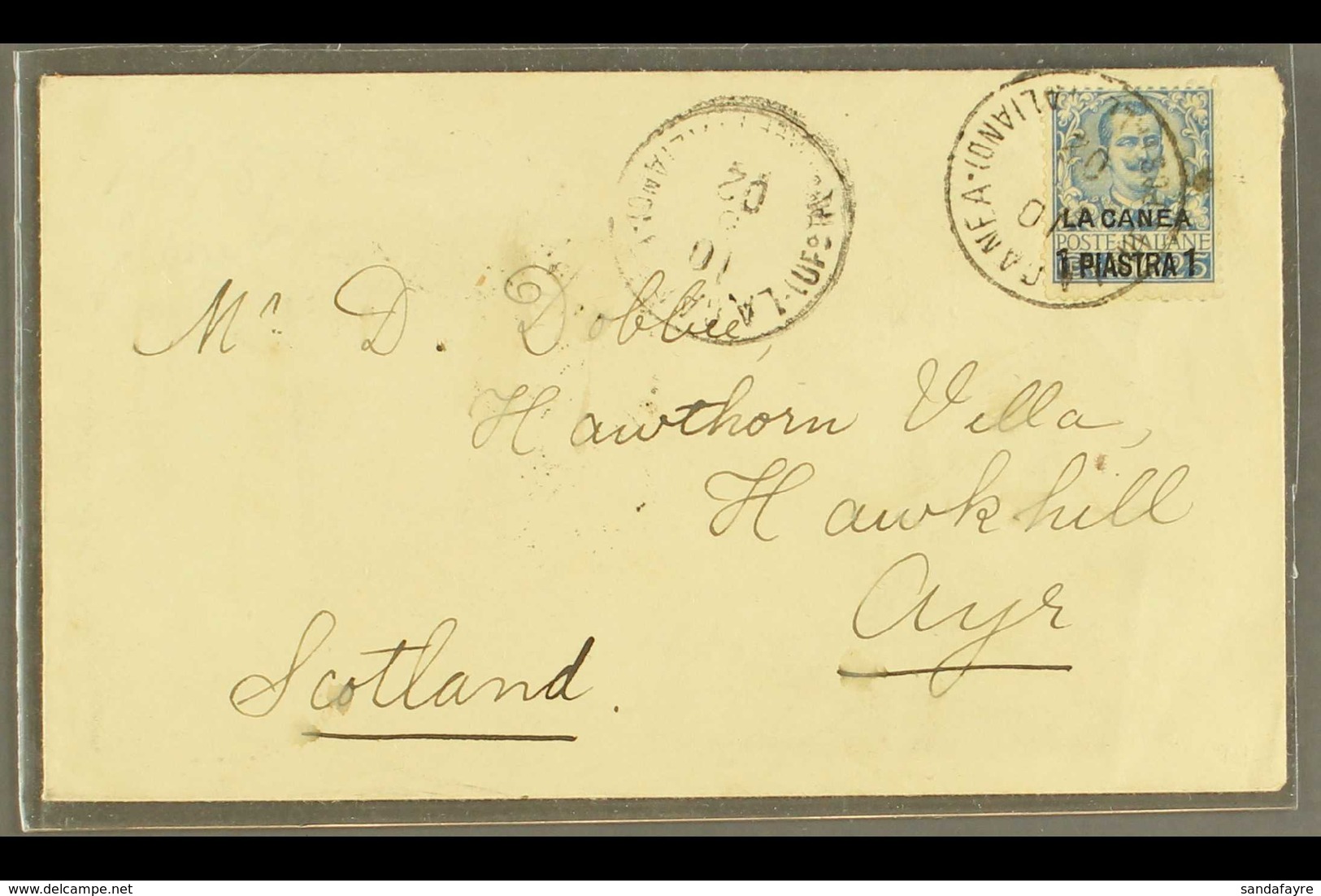 POST OFFICES IN CRETE  1901 1pi On 25c Blue, Sassone 2, Used On Cover To Scotland, Cancelled By Clear & Full "La Canea"  - Sonstige & Ohne Zuordnung