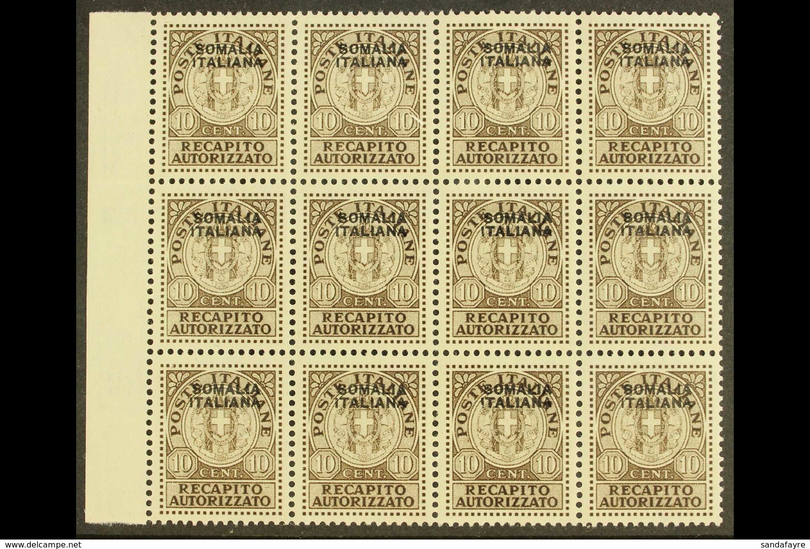 SOMALIA  1939 10c Brown Recapito Autorizzato, Sass 1, Superb NEVER HINGED MINT Marginal Block Of 12. Each Signed Stamp D - Sonstige & Ohne Zuordnung