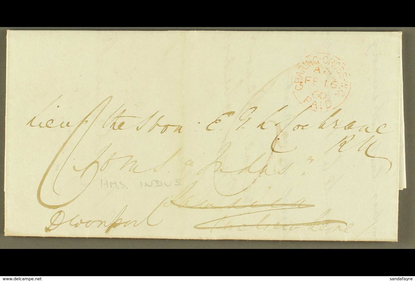 1860  (16 Feb) Stampless EL From From The Officers Agents In London To Lieut. The Hon. Earnest G. L. Cochrane On Board H - Jamaica (...-1961)