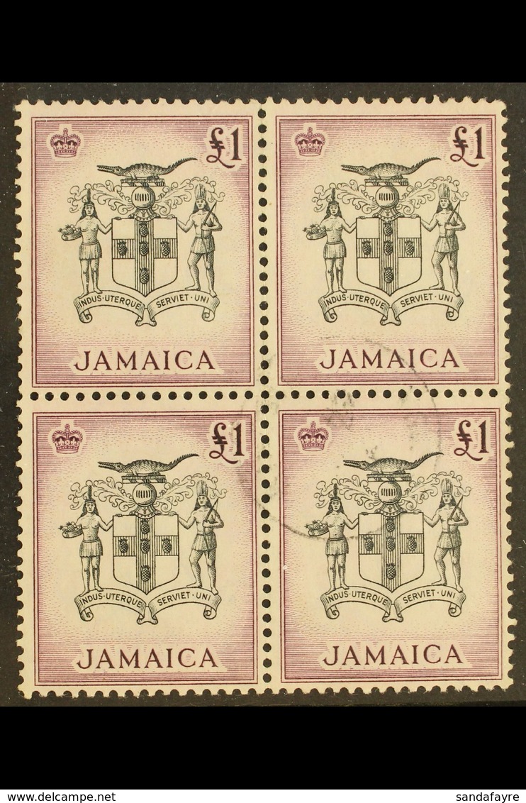 1956-58  £1 Black & Purple "Arms", SG 174, Fine Cds Used Block Of 4. For More Images, Please Visit Http://www.sandafayre - Jamaica (...-1961)