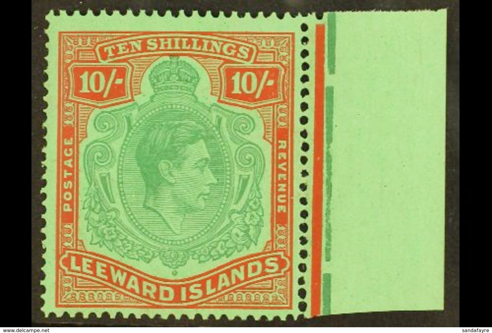 1938-51  10s Bluish Green And Deep Red On Green Key Type Chalky Paper Position 24, SG 113, Fine Never Hinged Mint Margin - Leeward  Islands