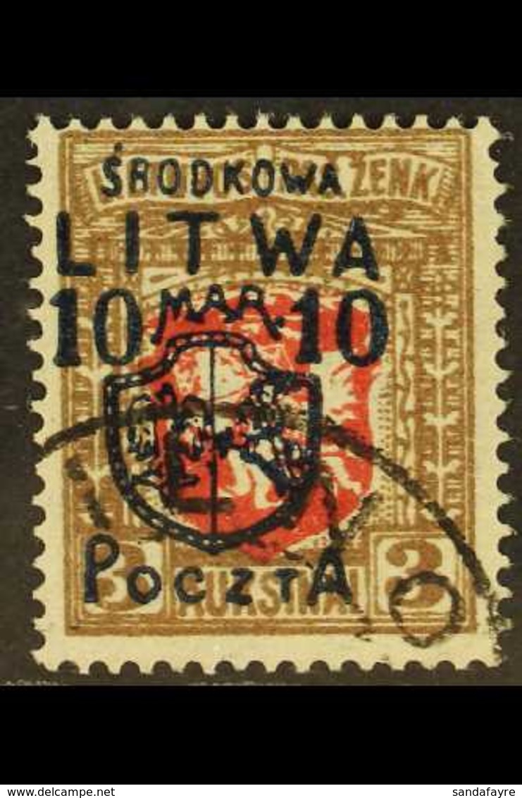 CENTRAL LITHUANIA - POLISH OCCUPATION  1920 10M On 3A Red And Brown, Mi 12, Very Fine Used. Signed Perzynski And Mikulsk - Litauen