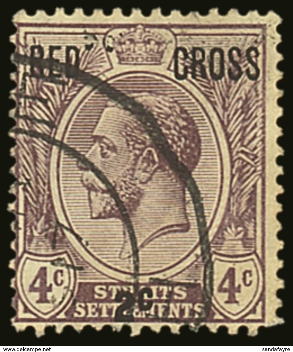 STRAITS SETTLEMENTS  1917 4c + 2c Dull Purple, Red Cross Surcharge, Variety "No Stop After 2c", SG 217a, Thinned At Foot - Straits Settlements