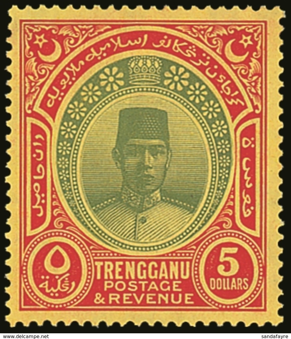 TRENGGANU  1921-41 $5 Green And Red/yellow, Watermark Mult Script CA, SG 44, Very Fine Lightly Hinged Mint. For More Ima - Other & Unclassified