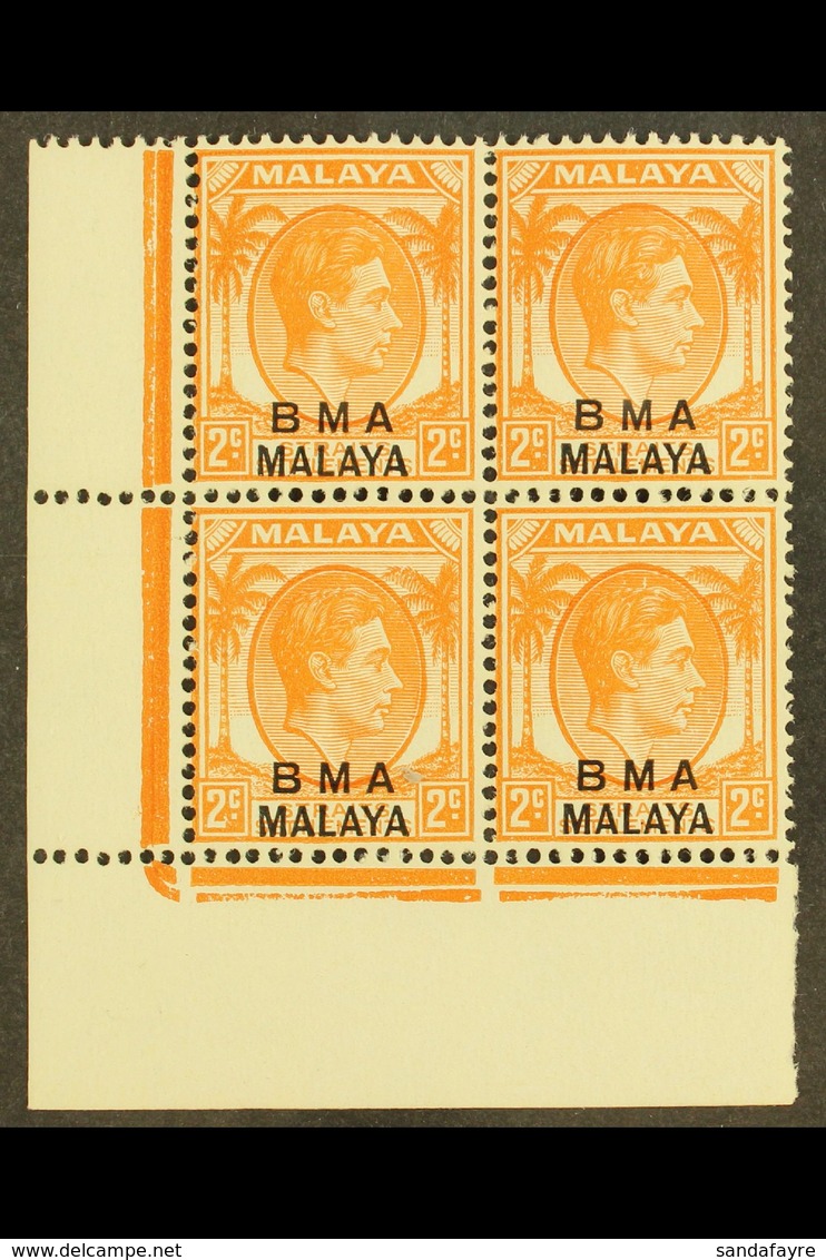 1945-48  2c Orange Die I, SG 3, Superb Never Hinged Mint CORNER BLOCK OF FOUR. For More Images, Please Visit Http://www. - Malaya (British Military Administration)