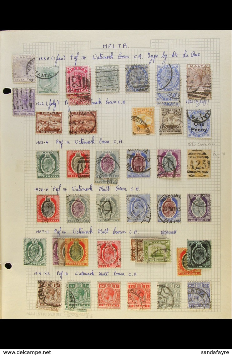 1863-1952 USED COLLECTION  Presented On "Busy" Old Interleaved Pages. Includes QV To 1s Shades, KEVII To Various 1s, KGV - Malta (...-1964)