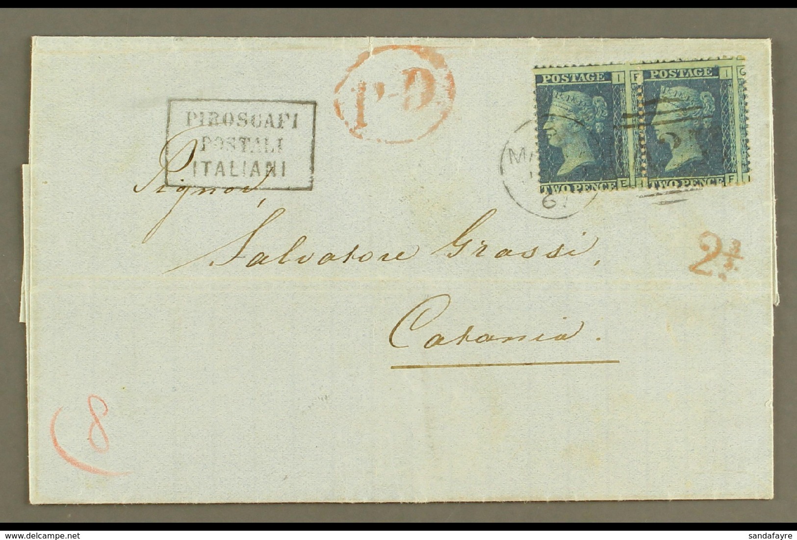 1867 ENTIRE LETTER TO CATANIA  Bearing Great Britain 2d Blue, Plate 9, Horizontal Pair Tied By "MALTA / A25" Duplex Canc - Malta (...-1964)