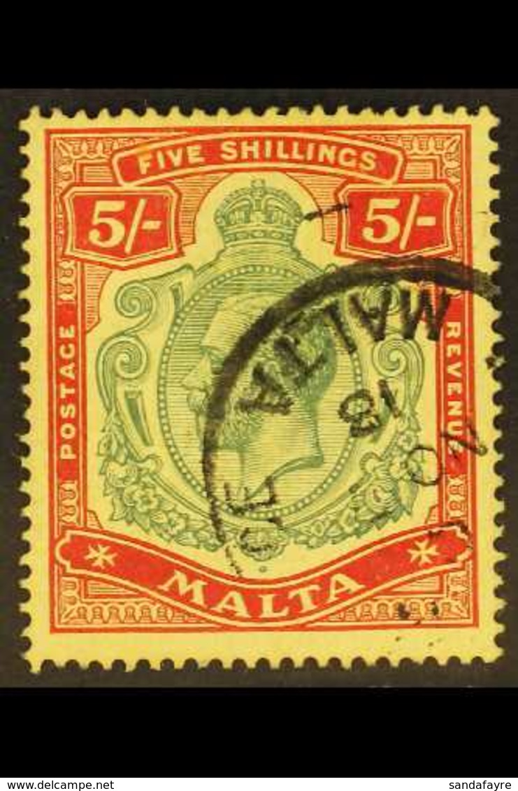 1914-21  5s Green & Red On Yellow, SG 88, Very Fine Used With Fully Dated Cds Cancel, Very Fresh. For More Images, Pleas - Malta (...-1964)