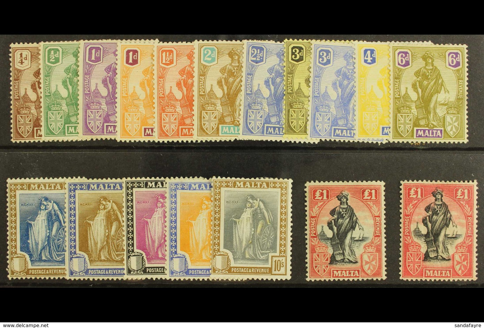 1922  "Malta" Allegory Set Complete Including Both £1 Printings, SG 123/140, Very Fine And  Fresh Mint. (18 Stamps) For  - Malta (...-1964)