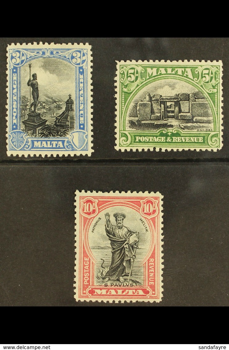 1930  3s, 5s And 10s Definitive Top Values, SG 207/09, Fine Mint, Minor Perf Faults. (3 Stamps) For More Images, Please  - Malta (...-1964)