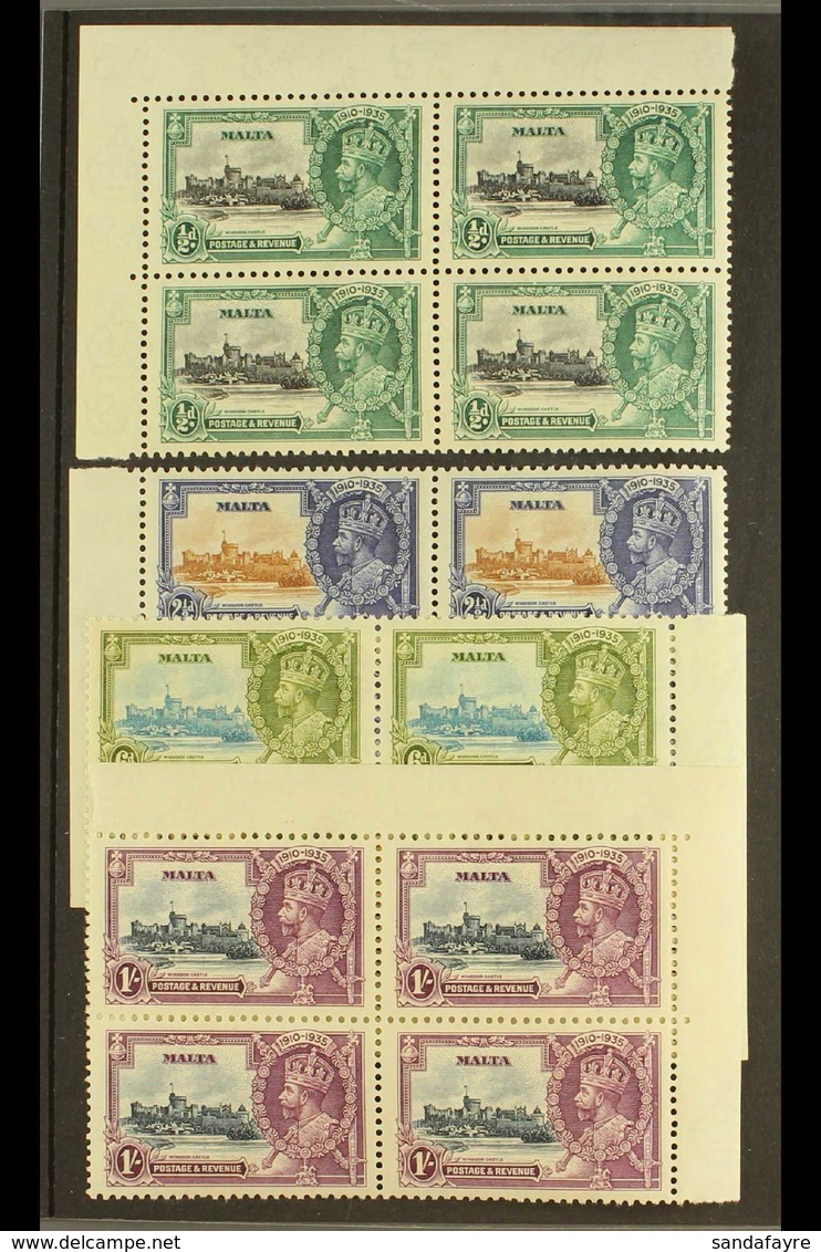 1935  Silver Jubilee Complete Set, SG 210/213, As Never Hinged Mint BLOCKS OF FOUR, Some Gum Discoloration, But The ½d S - Malta (...-1964)