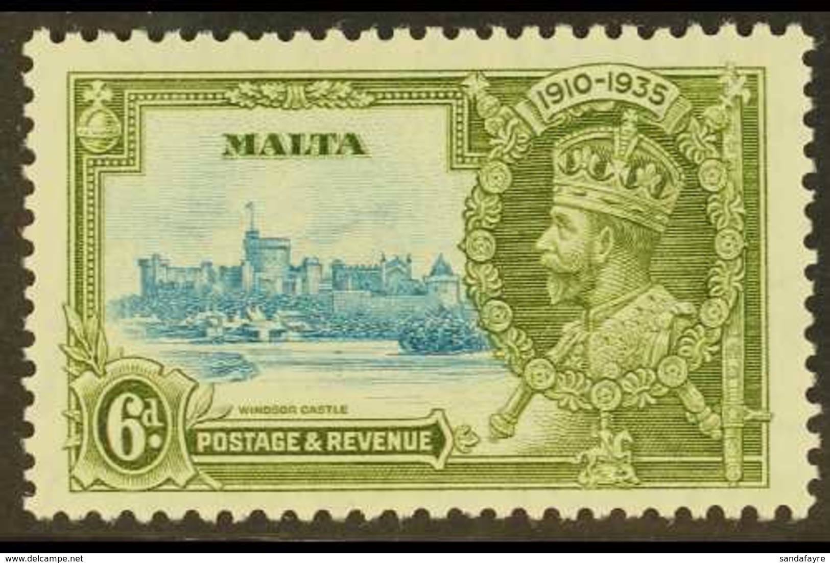 1935 SILVER JUBILEE  6d Light Blue And Olive-green, Showing LIGHTNING CONDUCTOR, SG 212c, Very Fine Mint. For More Image - Malta (...-1964)