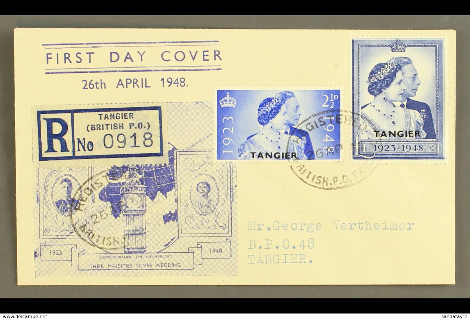 TANGIER  1948 Royal Silver Wedding Complete Set, SG 255/256, On Illustrated Registered First Day Cover Tied By Fine "REG - Sonstige & Ohne Zuordnung