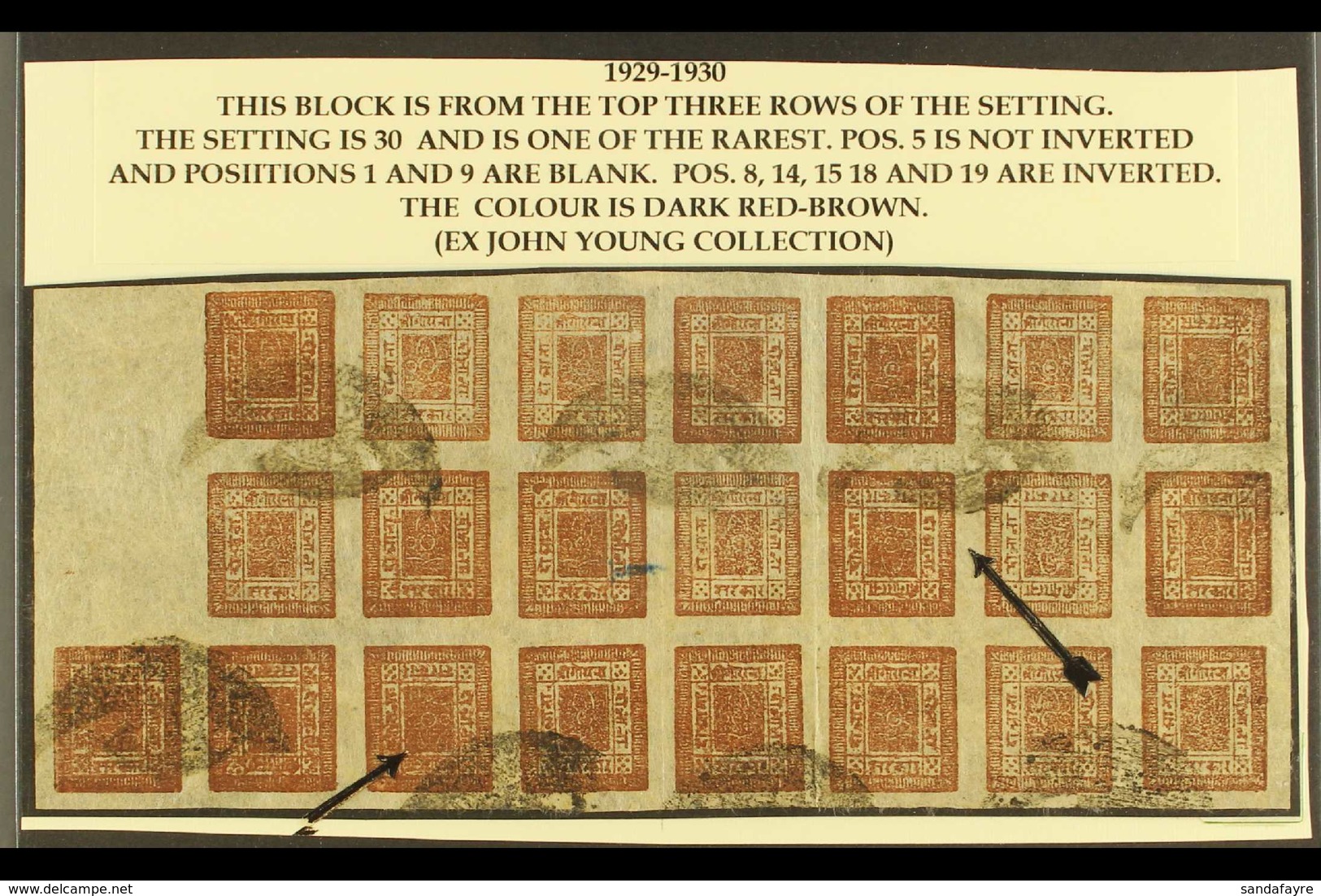 1917-30  2a Brown (SG 40, Scott 16, Hellrigl 41/42), telegraphically Used Block Comprising The Top Three Rows Of The RAR - Nepal