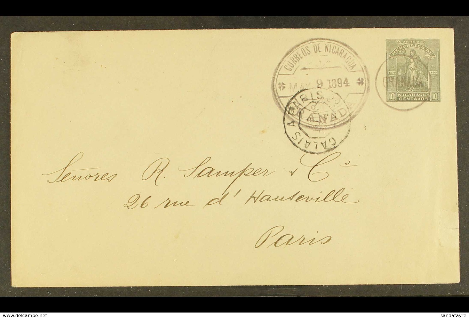 1894  (9 May) 10c Grey Postal Stationery Envelope (Higgins & Gage 25) To Paris With Fine "GRANADA" Circular Cachet Along - Nicaragua