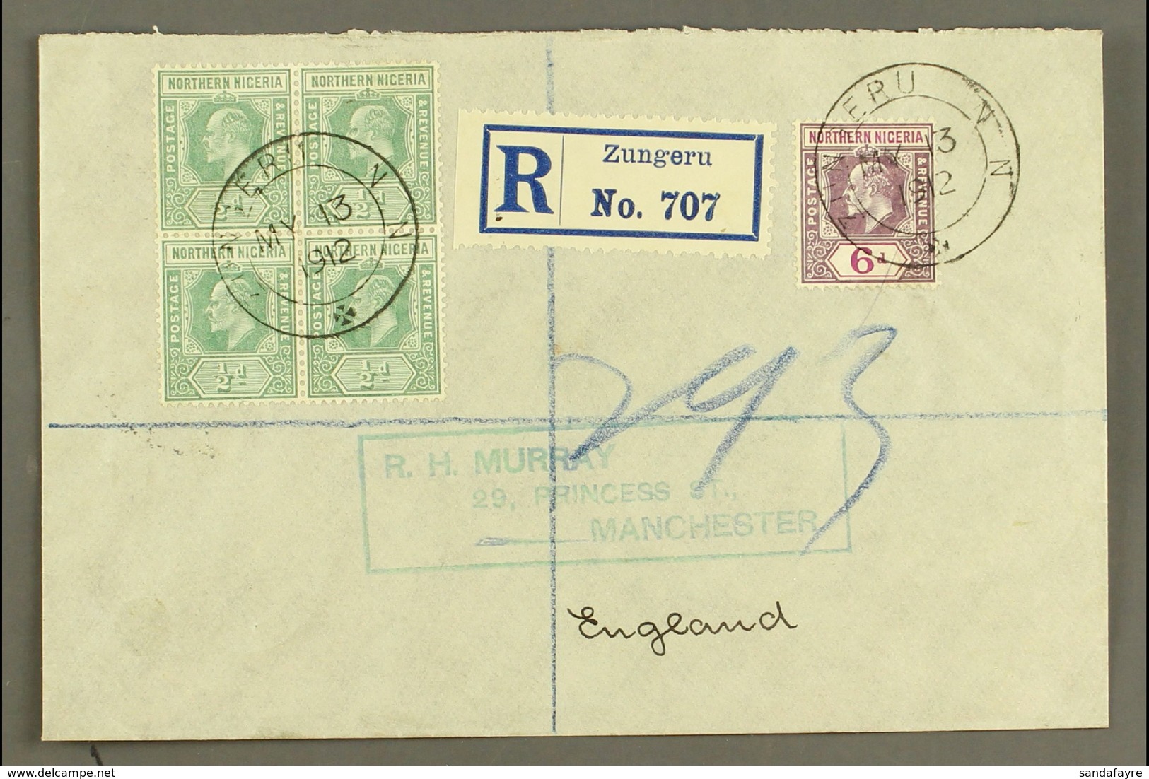 1912  (May) Neat Envelope Registered To England, Bearing 1907-11 2d Single 6d And ½d Block Of Four, Tied By Crisp Zunger - Nigeria (...-1960)