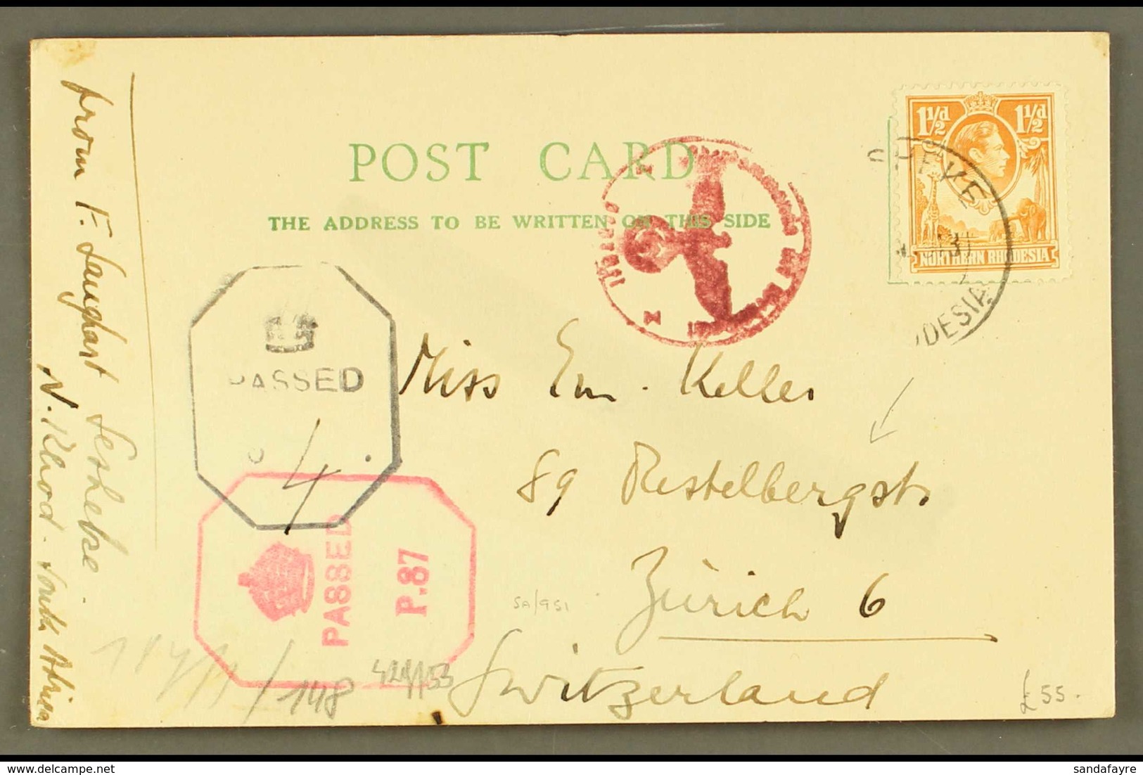 1943  (Jan) Postcard To Switzerland, Bearing 1½d Orange, Tied By Sesheke Cds, With Two British Type Censor Marks, Plus G - Nordrhodesien (...-1963)