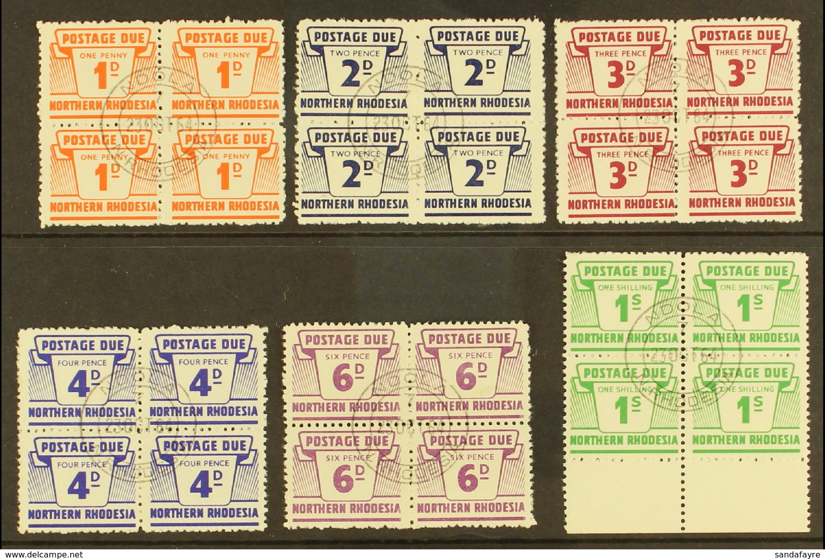 POSTAGE DUES  1963 Set Of 6 Values In Blocks Of 4, SG D5/10, SUPERB USED With Central NDOLA C.d.s. Postmarks (6 Blocks). - Nordrhodesien (...-1963)