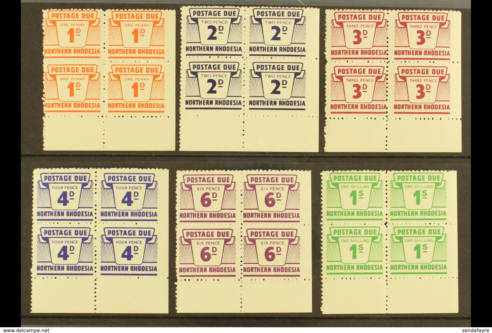 POSTAGE DUES  1963 Set Of 6 Values In CORNER Blocks Of 4, IMPERF TO RIGHT MARGIN, SG D5/10, Never Hinged Mint (6 Blocks) - Nordrhodesien (...-1963)