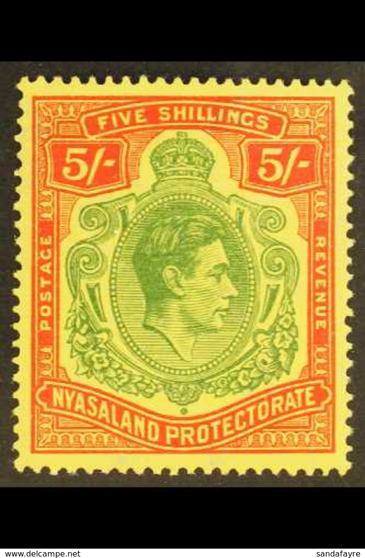 1938-44  5s Green & Red On Pale Yellow, Ordinary Paper, SG 141a, Never Hinged Mint. For More Images, Please Visit Http:/ - Nyassaland (1907-1953)